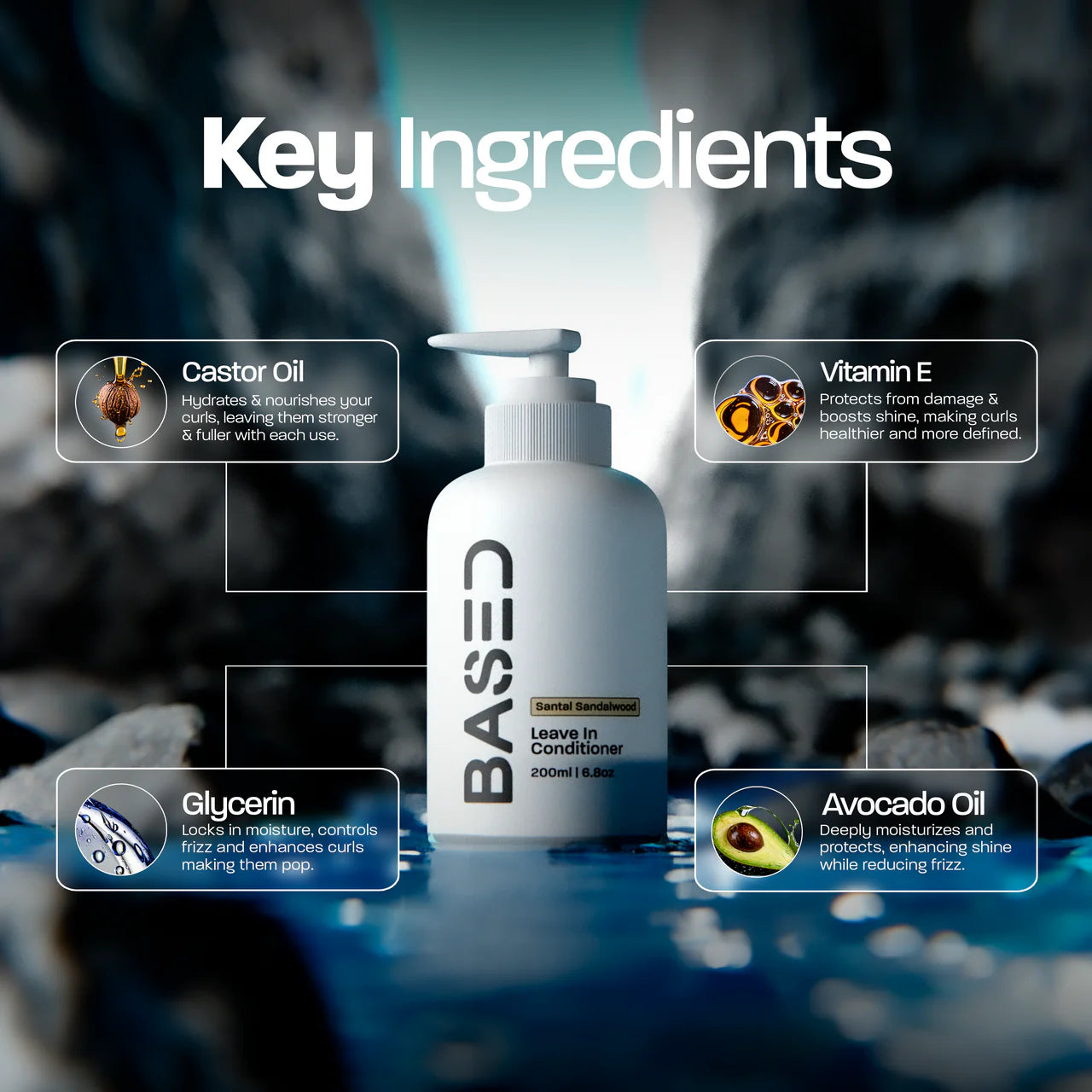 BASED Leave-In Conditioner key ingredients - castor oil, vitamin E, glycerin, avocado oil for healthy curls