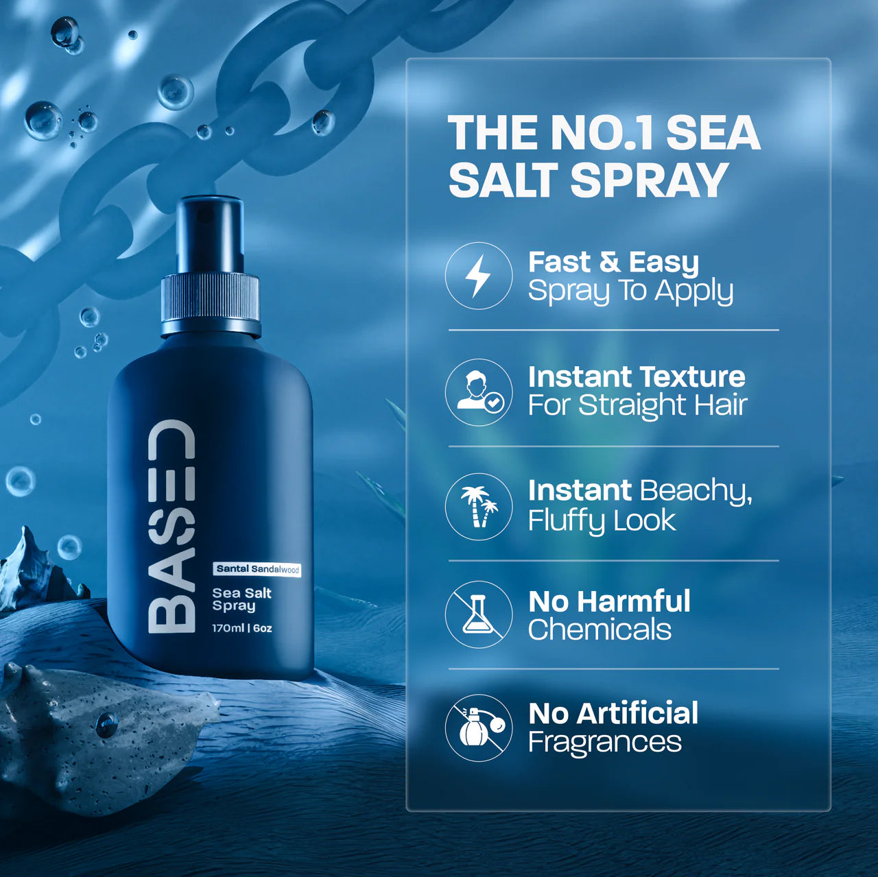 BASED Sea Salt Spray benefits - fast easy to apply, instant texture, beachy fluffy look, no harmful chemicals