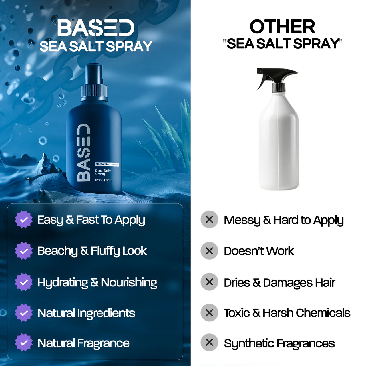 BASED Sea Salt Spray vs other sea salt sprays comparison - hydrating nourishing, no toxic chemicals