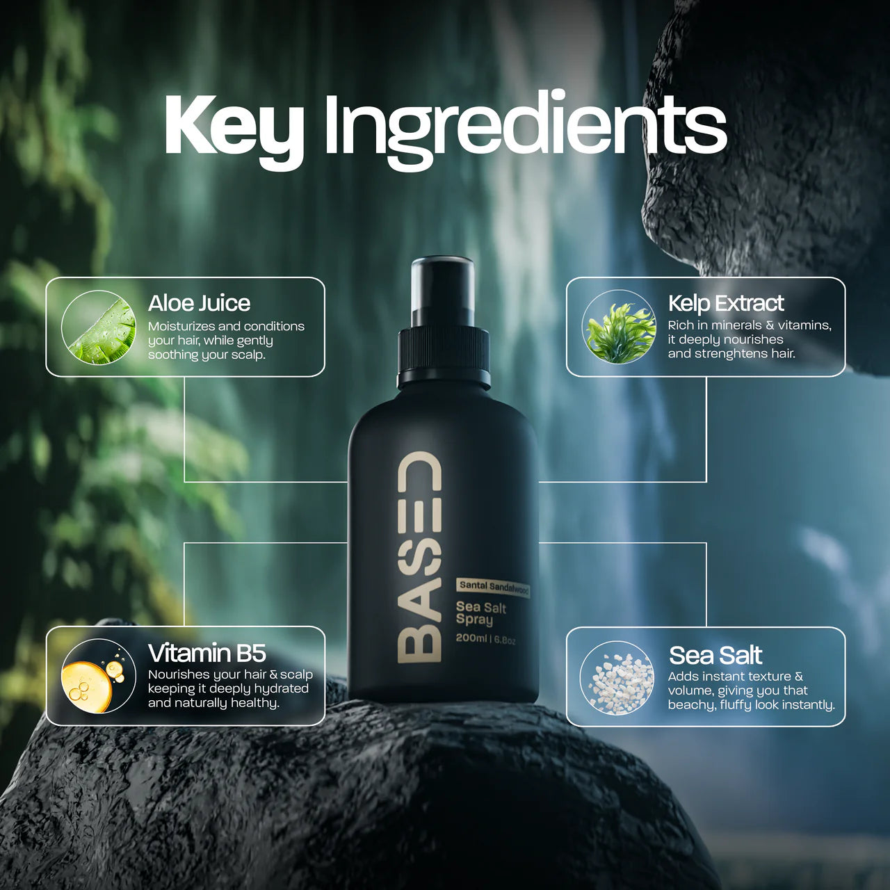 BASED Sea Salt Spray key ingredients - aloe juice, kelp extract, vitamin B5, sea salt for natural beachy hair